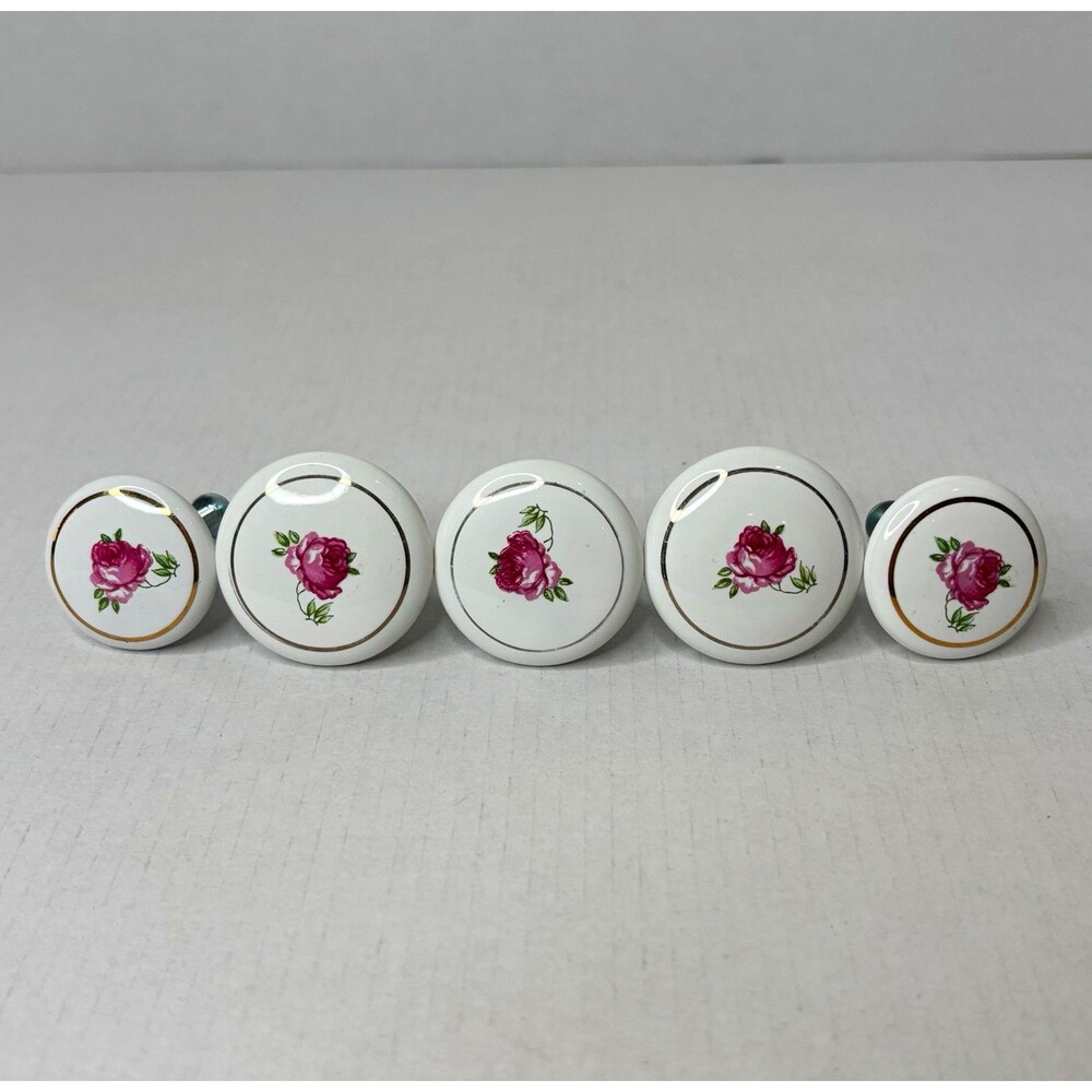 Vintage Porcelain Drawer Pull Knobs Pink Roses Gold Trim Set of 5 Floral